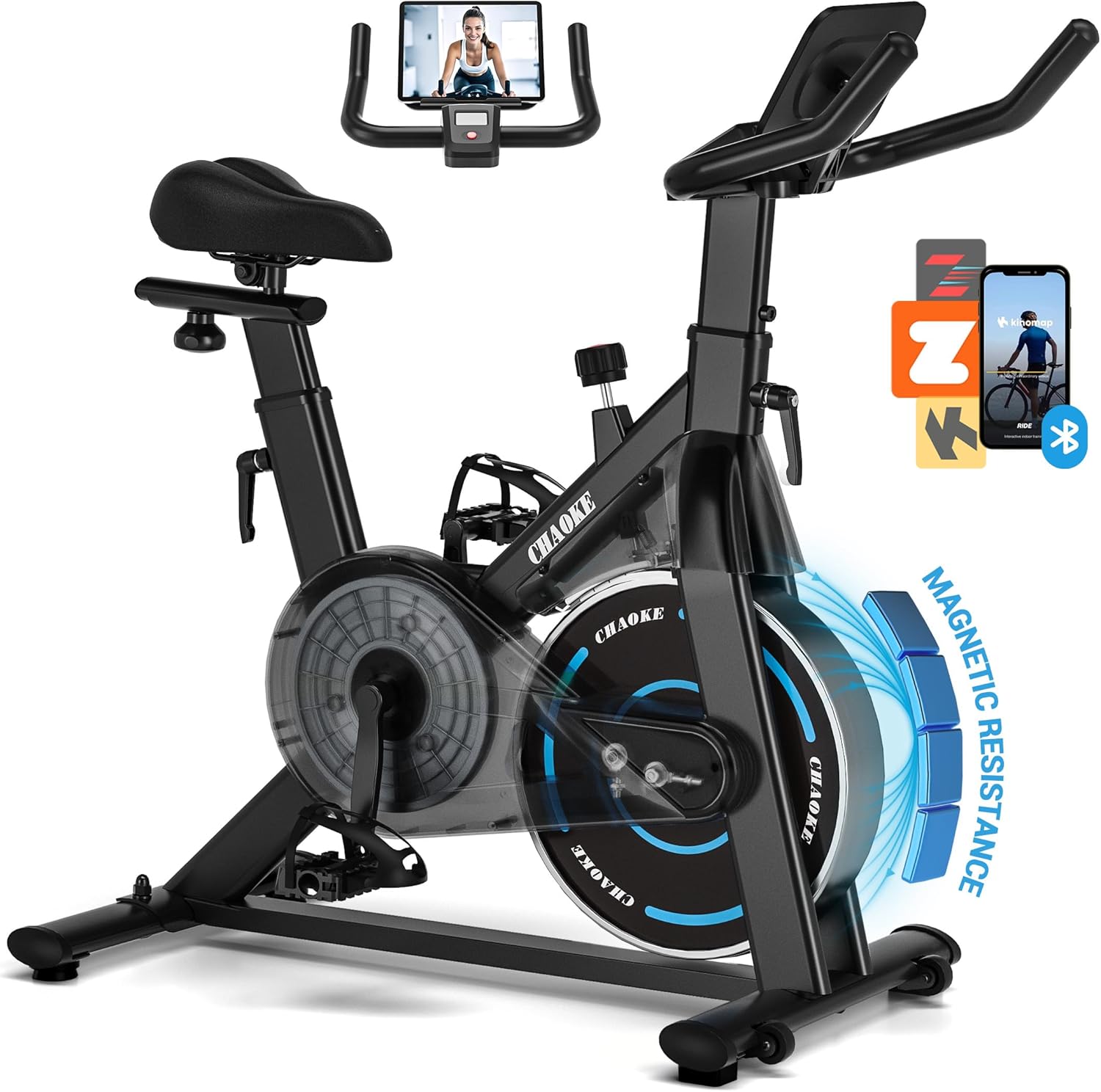 CHAOKE Exercise Bike Quiet Magnetic Resistance, 300LB Capacity, App Compatible