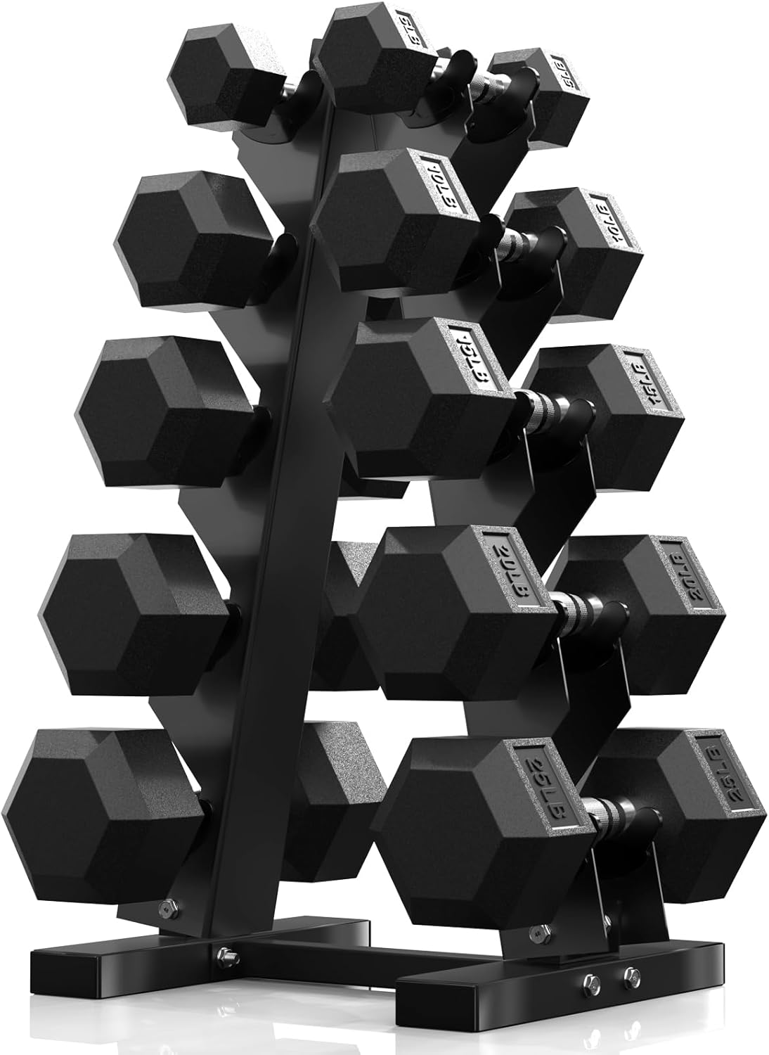 PAPABABE Hex Dumbbell Set with Rack, 150LB Rubber-Coated Hand Weights for Strength Training