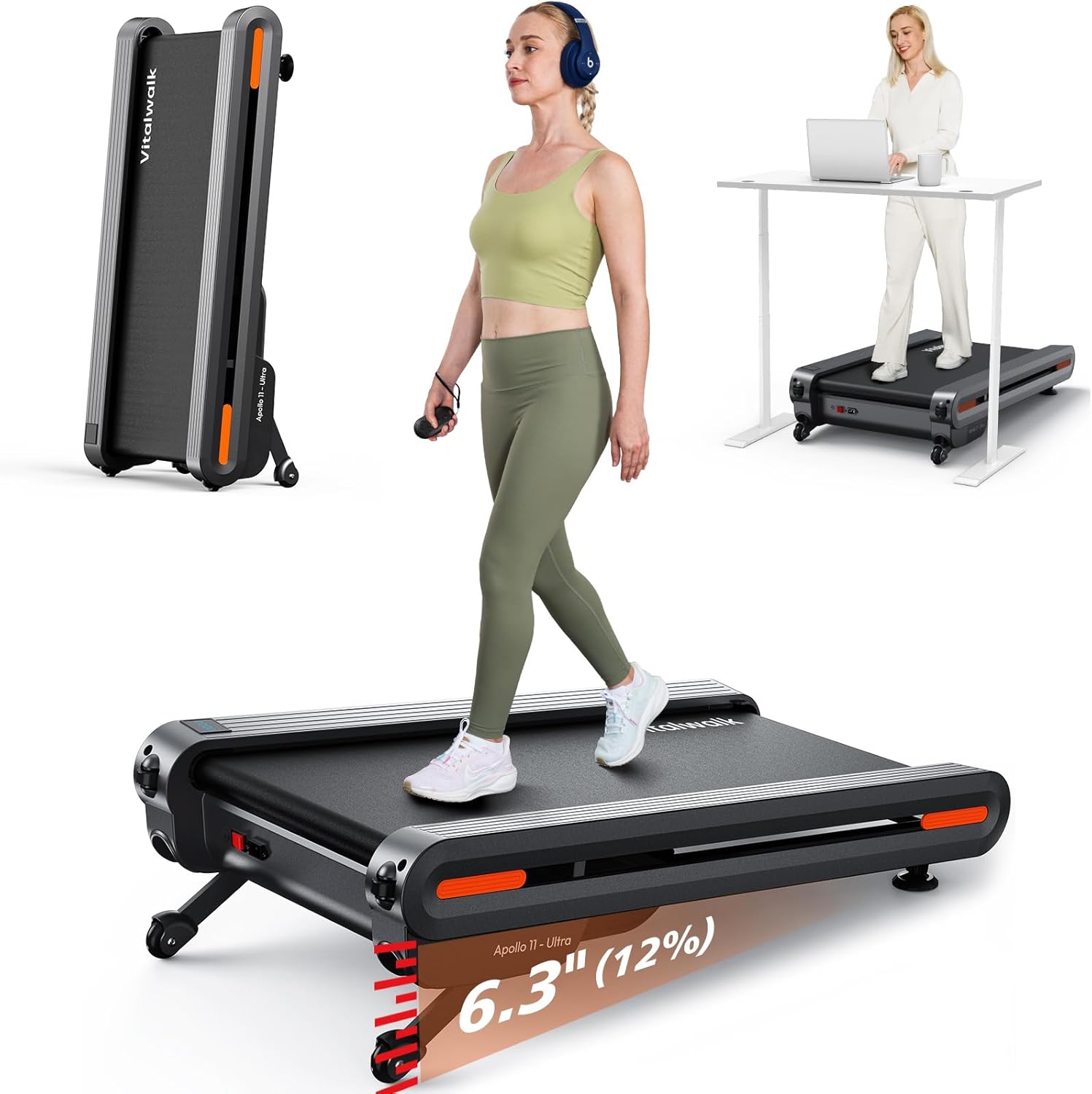 2-in-1 Walking Pad Treadmill with Incline for Home & Office
